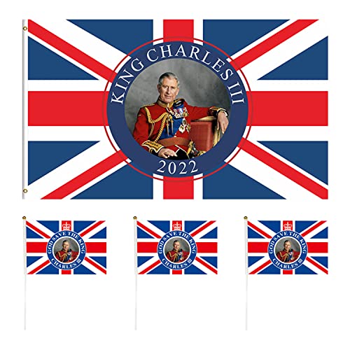 1 Packung König Flaggen mit 3 König Hand winkende Flaggen König Throned Gedenkfahnen Britische Dekorationen Polyester Banner Royal Event Party Dekorationen King Charles Flaggen von BEIIEB