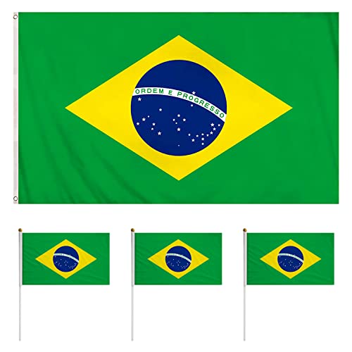 1 x Brasilien-Flagge (90 x 150 cm), 3 x Brasilien-Handflaggen (14 x 21 cm), wasserdicht und sonnenfest, verblasst nicht, geeignet für Sportveranstaltungen, Feiern, Partys von BEIIEB