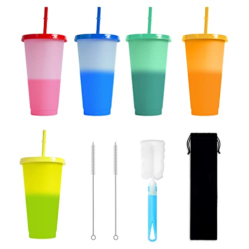 5-teilige Farbwechselbecher mit 3 Pinseln und 1 Flanelltasche mit Strohhalm und Deckel, Farbwechselbecher, wiederverwendbar, SmoothieShakeFlasche, kalte PartyWasserbecher, geeignet Kinder Erwachsene von BEIIEB