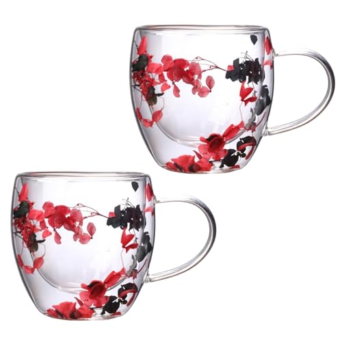 BEIJIALY 2 Stück Doppelwandige Glas-Kaffeetassen mit Getrockneten Blumen, ästhetische Blumen-Kaffeetassen mit Henkel, Isolierte Teetassen, Getränkegläser, Espressotassen für Kaffee,(rot schwarz) von BEIJIALY