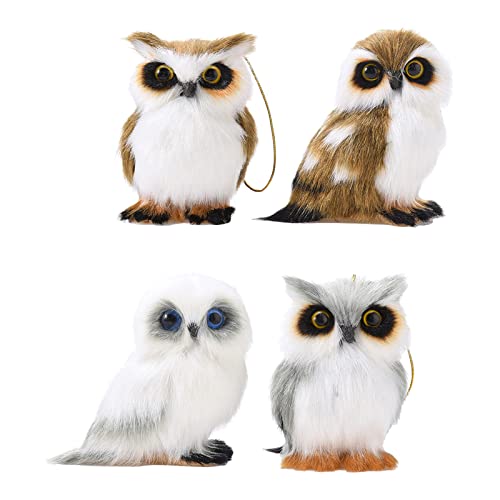 BEIJIALY 4 Stück Weihnachts-Eulen-Ornament Zum Aufhängen, Niedliche Pelzige Weihnachts-Eulen-Ornamente, Verschiedene Mini-Pelz-Eulen-Figuren, Eulen-Plüsch-Hängeornament für Den(Weiß) von BEIJIALY