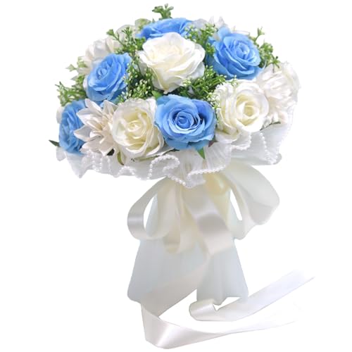 BEIJIALY Brautjungfern-Hochzeitsstrauß, Hochzeits-Brautstrauß, Braut-Künstliche Rosenblumen mit Bändern, Satin-Rosen, Hochzeitsblumen-Wurf-Kaskadenstrauß für Hochzeitsdekoration(Weiß Blau) von BEIJIALY
