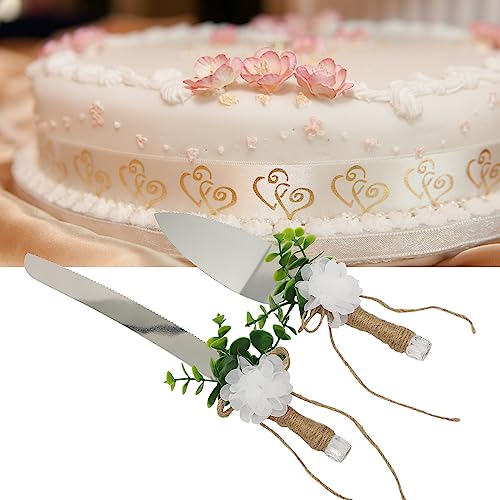 BEIJIALY Hochzeitstortenmesser- und Servierset, Hochzeitszubehör, Hochzeitsbesteckset, Rustikales Kuchenschneide- und Servierset, Kuchenschneideset mit Eukalyptusblättern,(WEISSES STAUBEN) von BEIJIALY