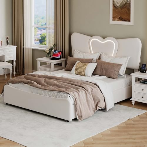 BEIJIALY Mädchenbett 140x200cm, LED-Prinzessinnenbett mit USB-Typ-C-Ladefunktion, Lattenrost, gepolstertes Stauraumbett mit herzförmigem Kopfteil, Prinzessin, Samt yu von BEIJIALY