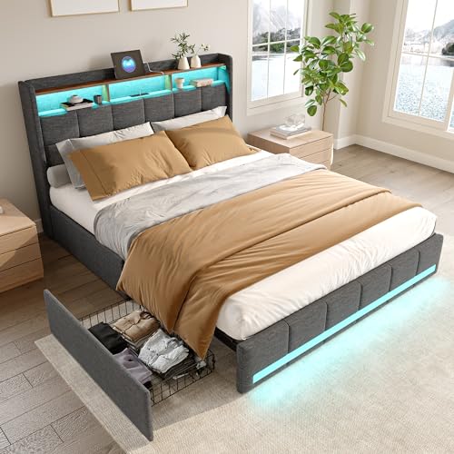 BEIJIALY Polsterbett 140x200 cm, Doppelbett mit 4 Schubladen und Lattenrost,Kopfteil mit stauraum,LED und USB-Ladefunktion,Jugendbett Rückenlehne Bettgestell,Funktionsbett Stauraumbetten (grau A) von BEIJIALY