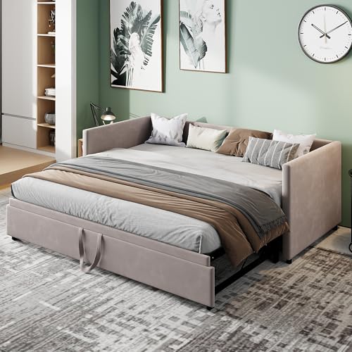 BEIJIALY Polsterbett Ausziehbares Schlafsofa 90/180x200cm, Einzelbett/Doppelbett mit Lattenrosten, Multifunktionsbett aus hautfreundlichem Samtstoff, Keine Matratze, Grau (Grau B) von BEIJIALY
