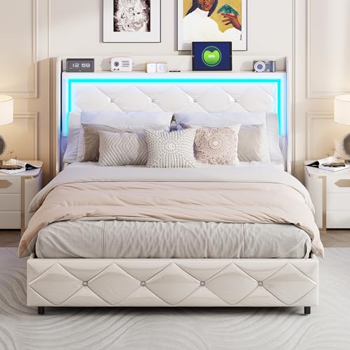 BEIJIALY Stauraumbett 160 x 200 cm, Gepolstertes Doppelbettgestell Mit LED-Beleuchtung Und USB-Anschluss, Kopfteil Mit Stauraum, Lattenrost, Für Erwachsene Und Jugendliche, PU (Weiß B, 160 x 200 cm) BEIJIALY Stauraumbett 160 x 200 cm, Gepolstertes Doppelbettgestell Mit LED-Beleuchtung Und USB-Anschluss, Kopfteil Mit Stauraum, Lattenrost, Für Erwachsene Und Jugendliche, PU (Weiß B, 160 x 200 cm) von BEIJIALY