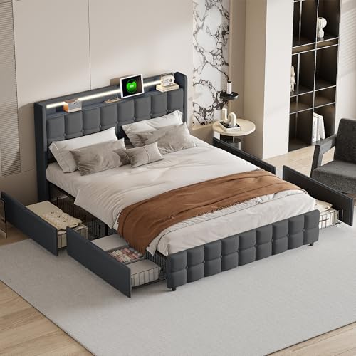 Polsterbett 160x200 cm, Doppelbett mit 4 Schubladen und Lattenrost,Kopfteil mit stauraum,LED und USB-Ladefunktion,Jugendbett Rückenlehne Bettgestell, Stauraumbetten,Funktionsbett (Grau G) von BEIJIALY