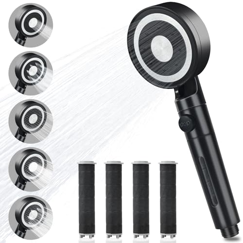 BEIJIE Duschkopf mit 4 PP Filter, Duschbrause Hochdruck mit 5 Strahlarten, Handbrause Wassersparend mit Stoppfunktion, Regendusche Duschkopf Schwarz - Starker Strahl Für Gereinigtes Weicheres Wasser von BEIJIE