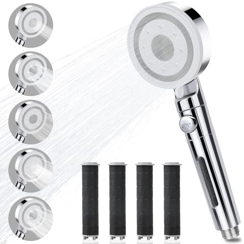 Hochdruck Duschkopf mit 4 PP Filter, Duschkopf Wassersparend mit Stoppfunktion und 5 Strahlarten, Universal Regendusche Handbrause, Antikalk Duschbrause für Erwachsene Kinder Haustiere (Chrome) von BEIJIE