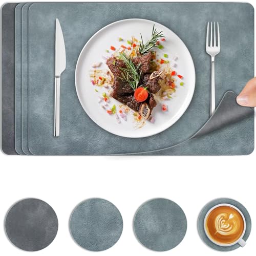 Platzdeckchen Abwaschbar 4er Set, Platzsets Leder Kuhfell Doppelseitigen rutschfest, Tischsets Hitzebeständig Abgrifffeste Umkehrbares, für Outdoor Küche Party Deko (Blu Grau) von BEIJIE