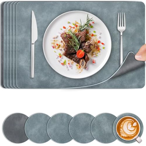 Tischsets Abwaschbar 6er Set, rutschfest Platzset Leder und Untersetzer, Platzdeckchen Doppelseitigen Abgrifffeste Hitzebeständig, für Esstisch, Küche, Party Deko, 44.5 x 30cm (Blu Grau, Rechteckig) von BEIJIE