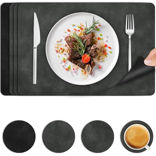 Platzsets Abwaschbar und Untersetzer 4er Set, Tischsets Leder Kuhfell Doppelseitigen Hitzebeständig, Platzdeckchen Lederoptik Rutschfest mit Telleruntersetzer Abwischbar, Dunkelgrau Schwarz,44.5*30cm von BEIJIE