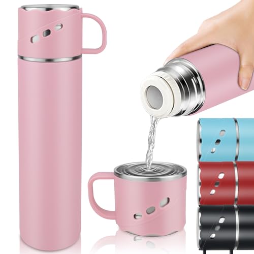 Thermoskanne Edelstahl - BPA-Freie Auslaufsicher Thermobecher 550ml - Sechs Wände Vakuum Thermobecher mit Becher und Griff - 12 H Heiß/12 H Kalt - Thermosbecher To Go Unterwegs Für Kaffee & Tee - Rosa von BEIJIE