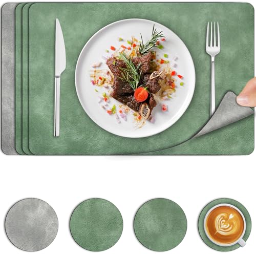 Tischsets Abwaschbar Grün 4er Set, Platzsets Leder Kuhfell Doppelseitigen und Untersetzer Hitzebeständig, Platzdeckchen Wasserdicht Antifouling Abwischbar, Tischunterlage für Hause Küche Restaurant von BEIJIE