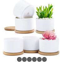 6 Stück weiße Keramik-Sukkulententöpfe, Blumentöpfe, kleiner Behältertopf mit Bambustablett für Blumen, Pflanzen, Kräuter, Geschenk für Hochzeit, von BEIJIYI