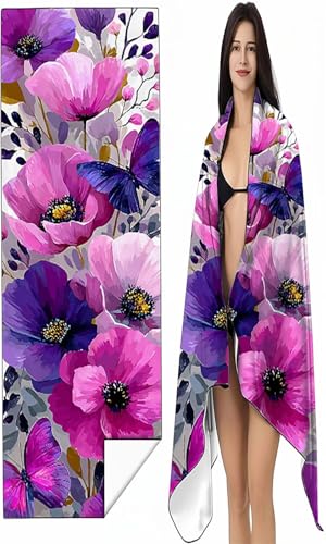 BEIJUYHU Mikrofaser Strandtuch 60x120 cm Lila Stranddecke Intimer Druckknopf, Saugfähig Sandfreies Schnell Trocknendes, Weiches Mohn Strandtuch XXL für Strand Reise Schwimmen mit Tasche SYX7 8-7 von BEIJUYHU