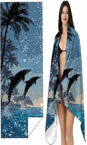 BEIJUYHU Mikrofaser Strandtuch 80 x 160 cm Blau Stranddecke Intimer Druckknopf, Saugfähig Sandfreies Schnell Trocknendes, Weiches Delphin Strandtuch XXL für Strand Reise Schwimmen mit Tasche SYX7 8-K von BEIJUYHU
