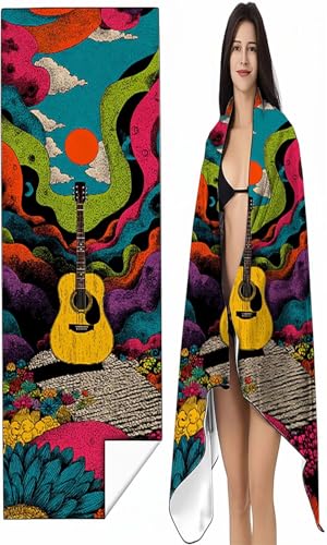 BEIJUYHU Mikrofaser Strandtuch 80 x 160 cm Gelb Stranddecke Intimer Druckknopf, Saugfähig Sandfreies Schnell Trocknendes, Weiches Gitarre Strandtuch XXL für Strand Reise Schwimmen mit Tasche SYX1 6-8 von BEIJUYHU