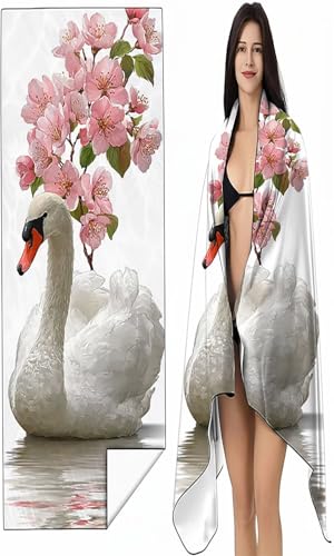 BEIJUYHU Mikrofaser Strandtuch 90 x 200cm Weiß Stranddecke Intimer Druckknopf, Saugfähig Sandfreies Schnell Trocknendes, Weiches Schwan Strandtuch XXL für Strand Reise Schwimmen mit Tasche SYX1 7-0 von BEIJUYHU