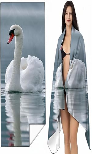 BEIJUYHU Mikrofaser Strandtuch 90 x 200cm Weiß Stranddecke Intimer Druckknopf, Saugfähig Sandfreies Schnell Trocknendes, Weiches Schwan Strandtuch XXL für Strand Reise Schwimmen mit Tasche SYX1 Z-W von BEIJUYHU