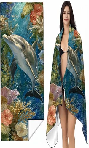 BEIJUYHU Mikrofaser Strandtuch 90x180 cm Blau Stranddecke Intimer Druckknopf, Saugfähig Sandfreies Schnell Trocknendes, Weiches Delphin Strandtuch XXL für Strand Reise Schwimmen mit Tasche SYX1 5-V von BEIJUYHU