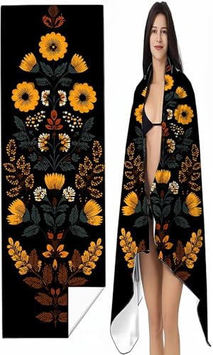 BEIJUYHU Mikrofaser Strandtuch 90x180 cm Gelb Stranddecke Intimer Druckknopf, Saugfähig Sandfreies Schnell Trocknendes, Weiches Blumen Strandtuch XXL für Strand Reise Schwimmen mit Tasche SYX3 6-J von BEIJUYHU