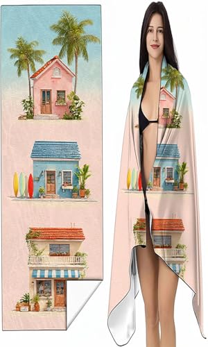 BEIJUYHU Mikrofaser Strandtuch 90x180 cm Rosa Stranddecke Intimer Druckknopf, Saugfähig Sandfreies Schnell Trocknendes, Weiches Häuser Strandtuch XXL für Strand Reise Schwimmen mit Tasche SYX3 Q-5 von BEIJUYHU