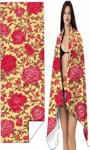 BEIJUYHU Strandtuch Mikrofaser Handtuch Groß 100 x 200 cm, Microfaser Handtücher Kompakt und Sandfest, Leicht und chnelltrocknend Gym Handtuch für Travel Strand Sauna mit Tasche Rot Blumen SYX5 V-C von BEIJUYHU