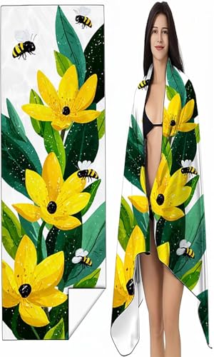 BEIJUYHU Strandtuch Mikrofaser Handtuch Groß 60x120 cm, Microfaser Handtücher Kompakt und Sandfest, Leicht und chnelltrocknend Gym Handtuch für Travel Strand Sauna mit Tasche Gelb Blumen SYX1 2-5 von BEIJUYHU