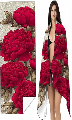 BEIJUYHU Strandtuch Mikrofaser Handtuch Groß 70 x 140cm, Microfaser Handtücher Kompakt und Sandfest, Leicht und chnelltrocknend Gym Handtuch für Travel Strand Sauna mit Tasche Rot Blumen SYX3 8-M von BEIJUYHU