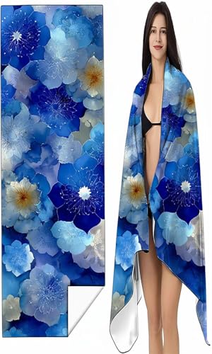 BEIJUYHU Strandtuch Mikrofaser Handtuch Groß 80 x 160 cm, Microfaser Handtücher Kompakt und Sandfest, Leicht und chnelltrocknend Gym Handtuch für Travel Strand Sauna mit Tasche Blau Blumen SYX7 E-1 von BEIJUYHU