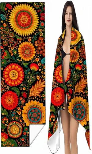 BEIJUYHU Strandtuch Mikrofaser Handtuch Groß 80 x 160 cm, Microfaser Handtücher Kompakt und Sandfest, Leicht und chnelltrocknend Gym Handtuch für Travel Strand Sauna mit Tasche Rot Blumen SYX5 0-I von BEIJUYHU