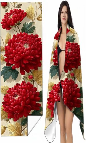 BEIJUYHU Strandtuch Mikrofaser Handtuch Groß 90 x 200cm, Microfaser Handtücher Kompakt und Sandfest, Leicht und chnelltrocknend Gym Handtuch für Travel Strand Sauna mit Tasche Rot Blumen SYX7 3-7 von BEIJUYHU