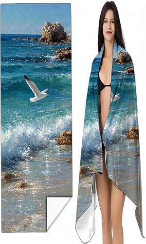 BEIJUYHU Strandtuch Mikrofaser Handtuch Groß 90x180 cm, Microfaser Handtücher Kompakt und Sandfest, Leicht und chnelltrocknend Gym Handtuch für Travel Strand Sauna mit Tasche Blau Vögel SYX1 7-Z von BEIJUYHU
