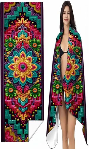 BEIJUYHU Strandtuch Mikrofaser Handtuch Groß 90x180 cm, Microfaser Handtücher Kompakt und Sandfest, Leicht und chnelltrocknend Gym Handtuch für Travel Strand Sauna mit Tasche Rot Mandala SYX7 0-W von BEIJUYHU