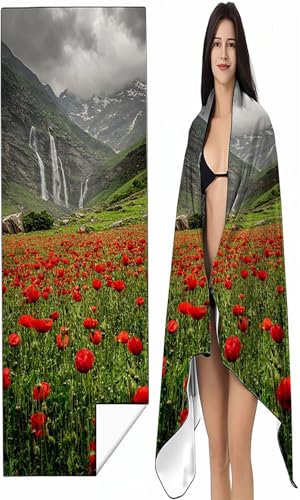 BEIJUYHU Strandtuch Mikrofaser Handtuch Groß 90x180 cm, Microfaser Handtücher Kompakt und Sandfest, Leicht und chnelltrocknend Gym Handtuch für Travel Strand Sauna mit Tasche Rot Mohn SYX7 0-X von BEIJUYHU
