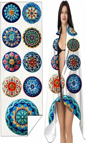 BEIJUYHU Strandtuch XXL 60x120 cm Blau Strandmatte Sandfreies Schnell Trocknendes Intimer Druckknopf, Weiches Leichtes Mandala Mikrofaser Strandtuch Damen Herren für Reise Schwimmen Campin SYX0 0-9 von BEIJUYHU