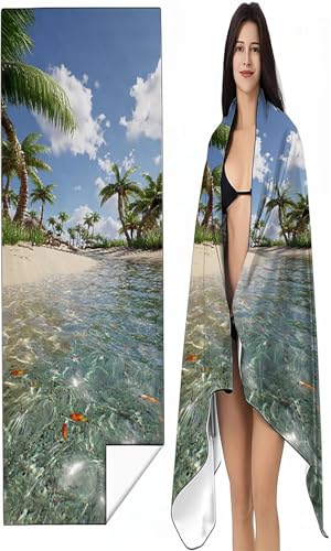 Mikrofaser Strandtuch 100 x 200 cm Blau Stranddecke Intimer Druckknopf, Saugfähig Sandfreies Schnell Trocknendes, Weiches Landschaft Strandtuch XXL für Strand Reise Schwimmen mit Tasche SYX1 Y-S von BEIJUYHU