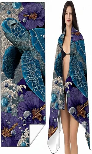 Mikrofaser Strandtuch 100 x 200 cm Blau Stranddecke Intimer Druckknopf, Saugfähig Sandfreies Schnell Trocknendes, Weiches Meeresschildkröten Strandtuch XXL für Strand Reise Schwimmen SYX9 1-N von BEIJUYHU