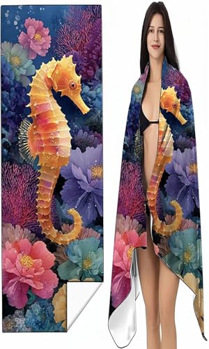 Mikrofaser Strandtuch 100 x 200 cm Rosa Stranddecke Intimer Druckknopf, Saugfähig Sandfreies Schnell Trocknendes, Weiches Seepferdchen Strandtuch XXL für Strand Reise Schwimmen mit Tasche SYX9 3-V von BEIJUYHU