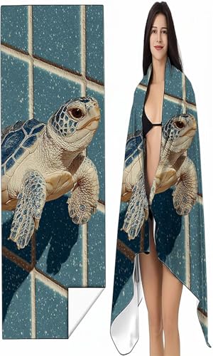 Mikrofaser Strandtuch 70 x 140cm Blau Stranddecke Intimer Druckknopf, Saugfähig Sandfreies Schnell Trocknendes, Weiches Meeresschildkröten Strandtuch XXL für Strand Reise Schwimmen mit Tasche SYX7 7-S von BEIJUYHU