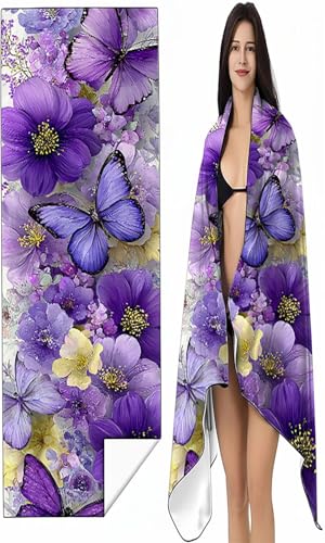 Mikrofaser Strandtuch 70 x 140cm Lila Stranddecke Intimer Druckknopf, Saugfähig Sandfreies Schnell Trocknendes, Weiches Schmetterling Strandtuch XXL für Strand Reise Schwimmen mit Tasche SYX3 7-9 von BEIJUYHU