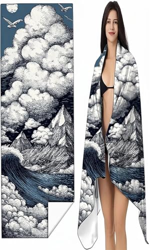 Mikrofaser Strandtuch 90 x 200cm Blau Stranddecke Intimer Druckknopf, Saugfähig Sandfreies Schnell Trocknendes, Weiches Landschaft Strandtuch XXL für Strand Reise Schwimmen mit Tasche SYX1 8-2 von BEIJUYHU