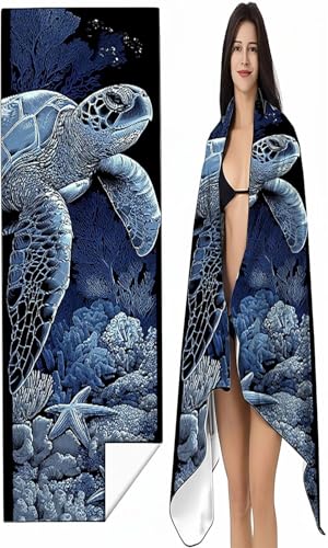 Mikrofaser Strandtuch 90 x 200cm Blau Stranddecke Intimer Druckknopf, Saugfähig Sandfreies Schnell Trocknendes, Weiches Meereslebewesen Strandtuch XXL für Strand Reise Schwimmen mit Tasche SYX5 3-M von BEIJUYHU