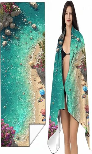 Mikrofaser Strandtuch 90x180 cm Blau Stranddecke Intimer Druckknopf, Saugfähig Sandfreies Schnell Trocknendes, Weiches Landschaft Strandtuch XXL für Strand Reise Schwimmen mit Tasche SYX3 H-1 von BEIJUYHU
