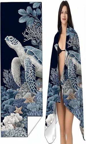 Strandtuch Mikrofaser Handtuch Groß 100 x 200 cm, Microfaser Handtücher Kompakt und Sandfest, Leicht und chnelltrocknend Gym Handtuch Travel Strand Sauna mit Tasche Blau Meeresschildkröten SYX7 0-M von BEIJUYHU