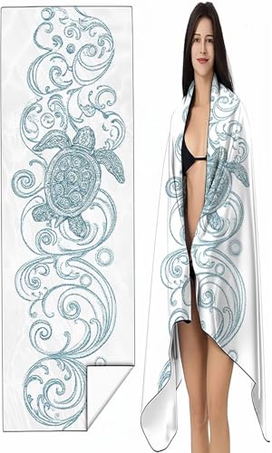 Strandtuch Mikrofaser Handtuch Groß 70 x 140cm, Microfaser Handtücher Kompakt und Sandfest, Leicht und chnelltrocknend Handtuch Travel Strand Sauna mit Tasche Blau und Weiß Meeresschildkröten 5-A von BEIJUYHU
