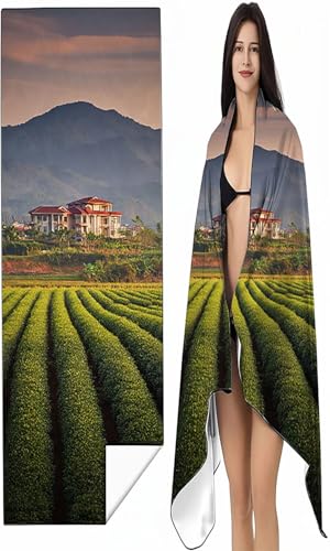 Strandtuch Mikrofaser Handtuch Groß 80 x 160 cm, Microfaser Handtücher Kompakt und Sandfest, Leicht und chnelltrocknend Gym Handtuch für Travel Strand Sauna mit Tasche Grün Landschaft SYX7 F-I von BEIJUYHU