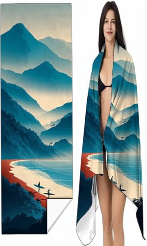 Strandtuch Mikrofaser Handtuch Groß 90 x 200cm, Microfaser Handtücher Kompakt und Sandfest, Leicht und chnelltrocknend Gym Handtuch für Travel Strand Sauna mit Tasche Blau Landschaft SYX1 2-T von BEIJUYHU